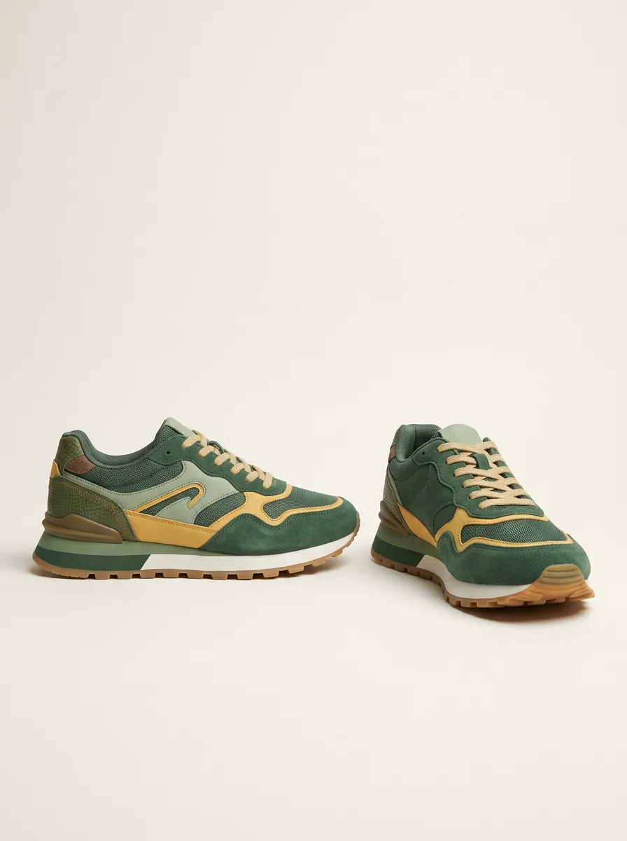 Unisex Suede Mesh Colorblock Print Sneakers