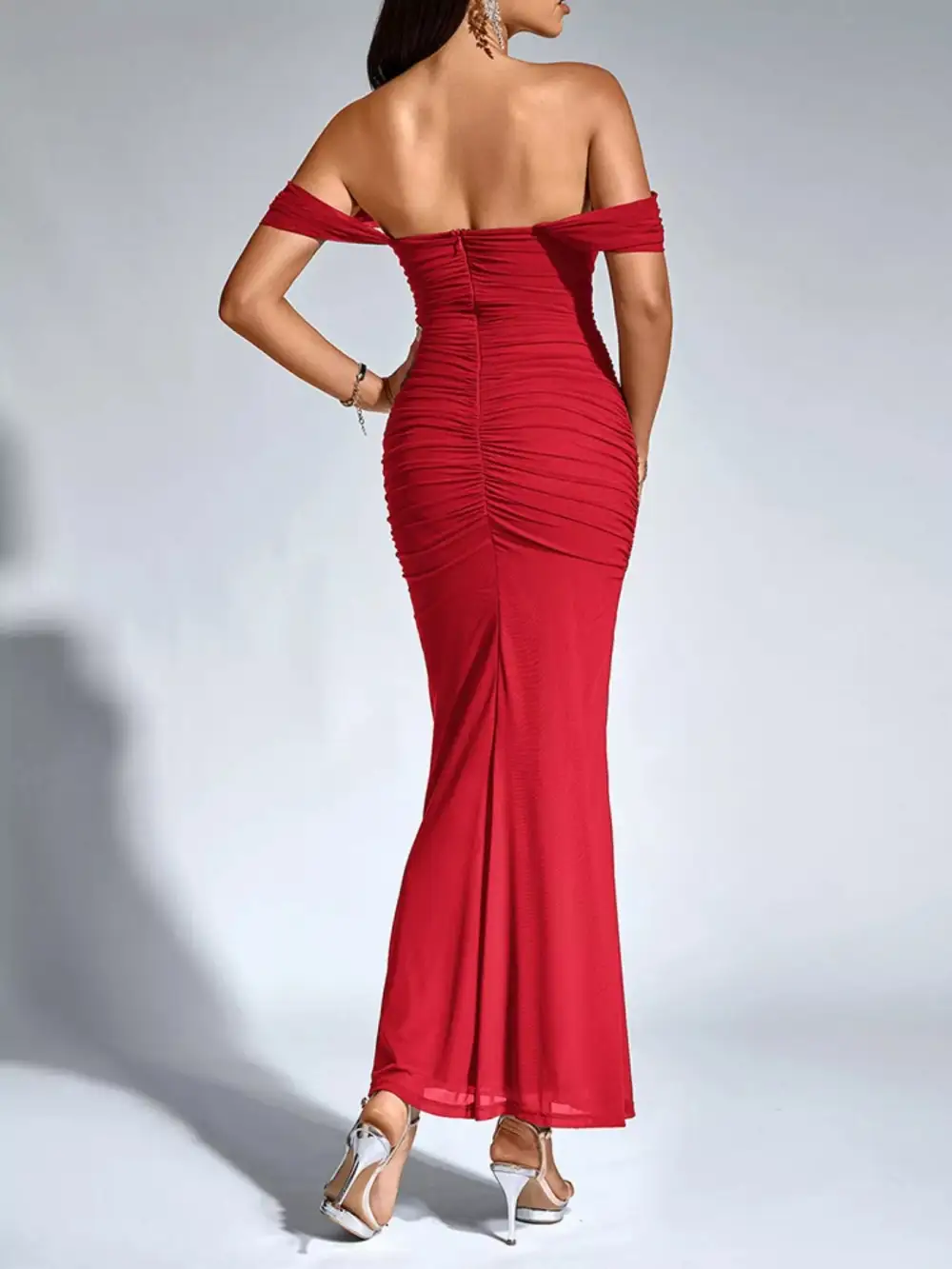 Relaxed Off Shoulder Ruched Mermaid Maxi Dress