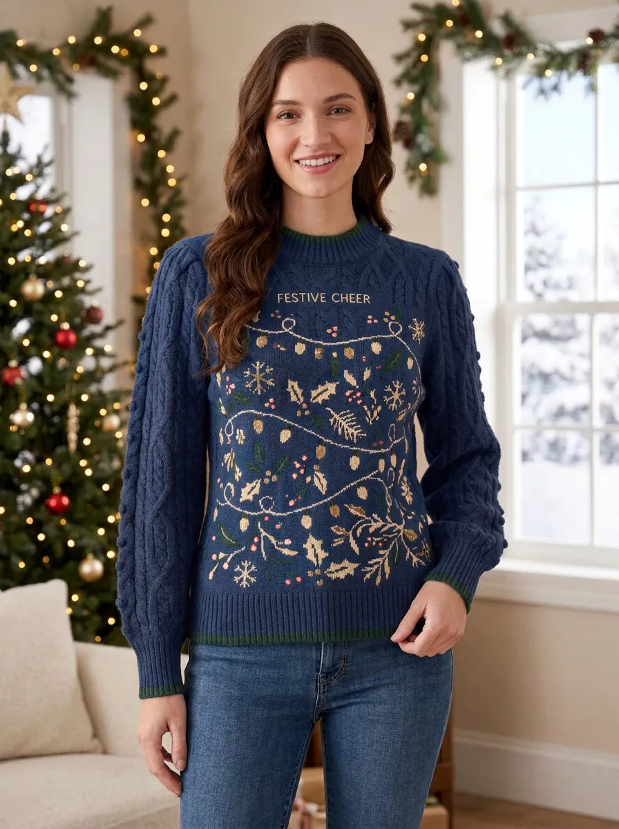 Christmas Festive Cheer Holly Snowflake Print Sweater