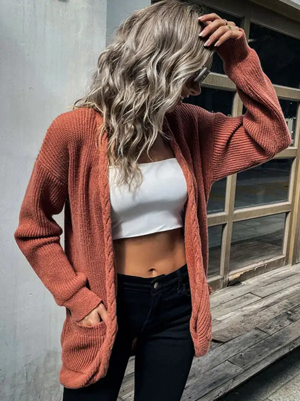 Round-Neck Long-Sleeve Drop-Shoulder Relaxed Cardigan