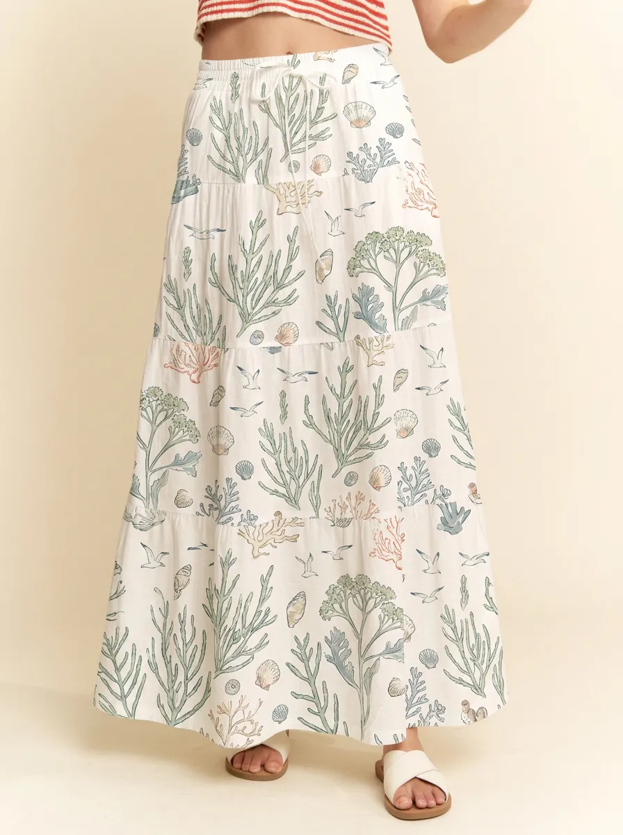 Women's Beach Lover Coral Seashell Seagull Printed Maxi Skirt