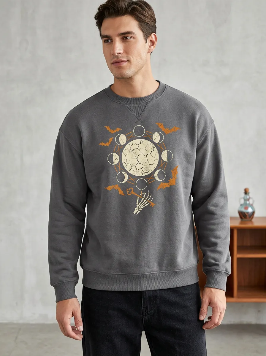 Men's Halloween Moon Skeleton Hand Bats Sweatshirt