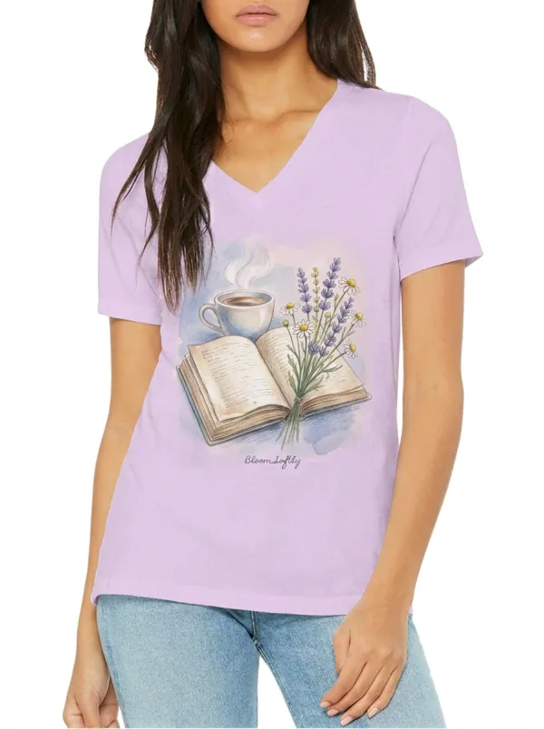 Women's Book Coffee Lavender Flower Printed V-neck T-shirt