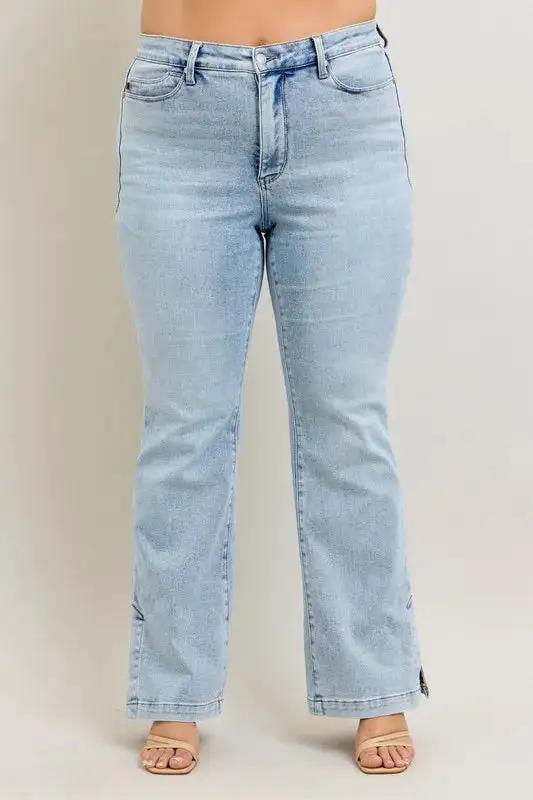 Full Size Tummy Control Vintage Wash Side Slit Slim Boot Jeans Plus Size