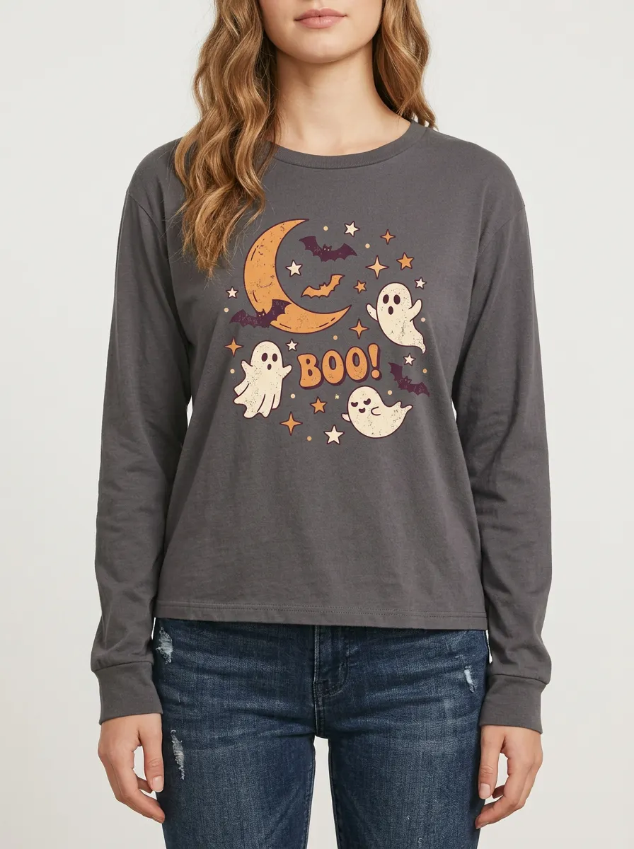 Women's Halloween Boo Ghost Moon Bat Printed Long Sleeve T-shirt