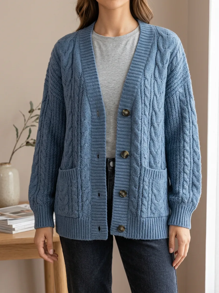 Women's Essential Cable Knit Button Front V Neck Cardigan