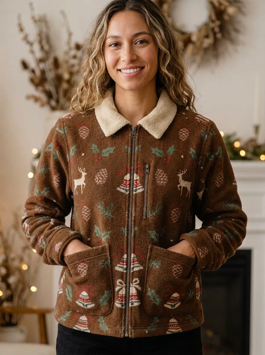 Christmas Reindeer Bell Pinecone Print Fleece Jacket