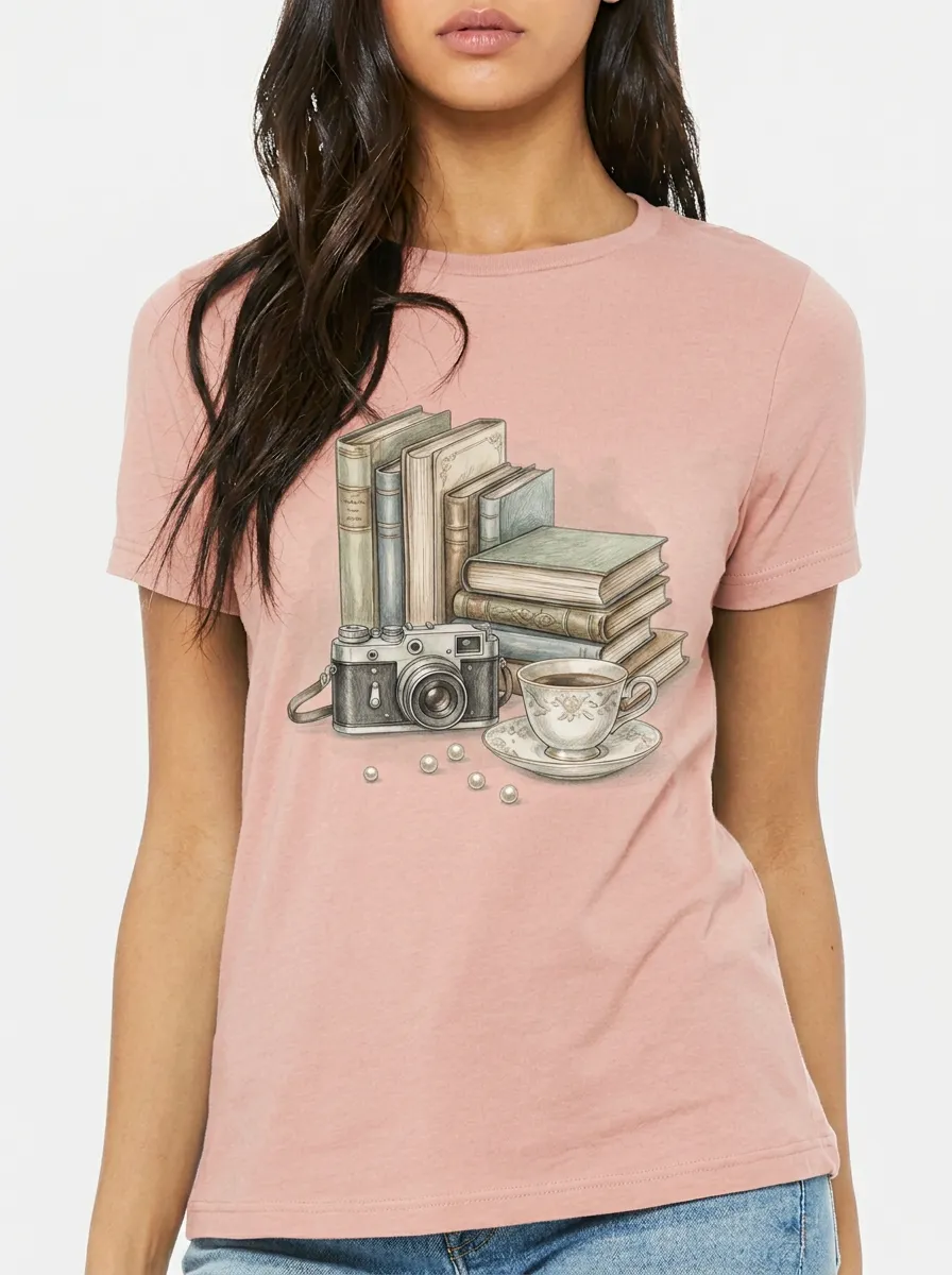 Women's Book Lover Vintage Camera Coffee Printed T-shirt
