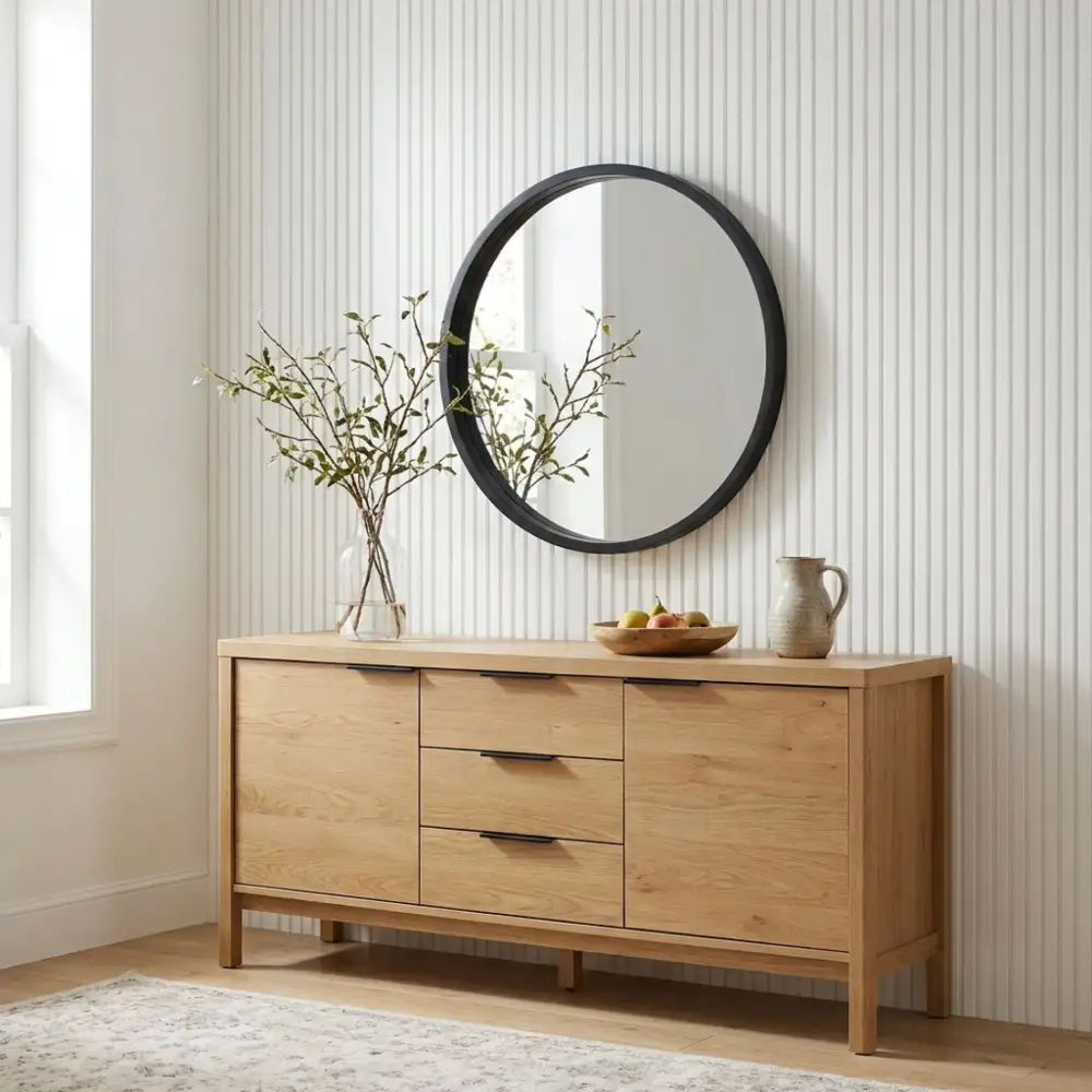 Soft Curve Wood Frame Round Wall Mirror