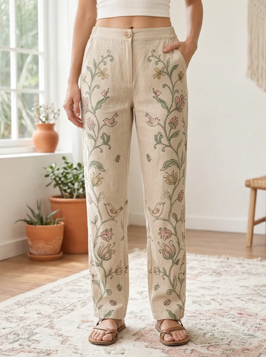Women's Botanical Bird Floral Printed Linen Pants