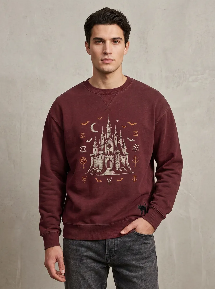Men's Halloween Gothic Castle Moon Bats Sweatshirt