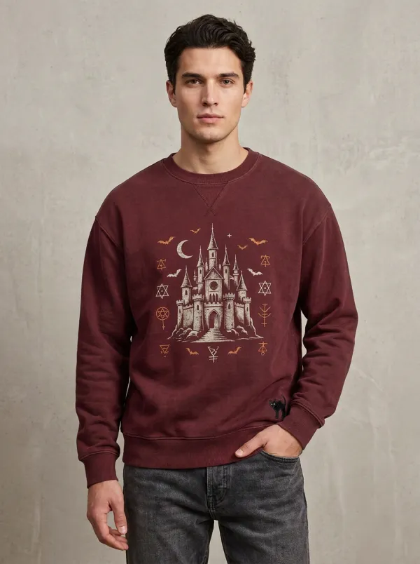 Men's Halloween Gothic Castle Moon Bats Sweatshirt