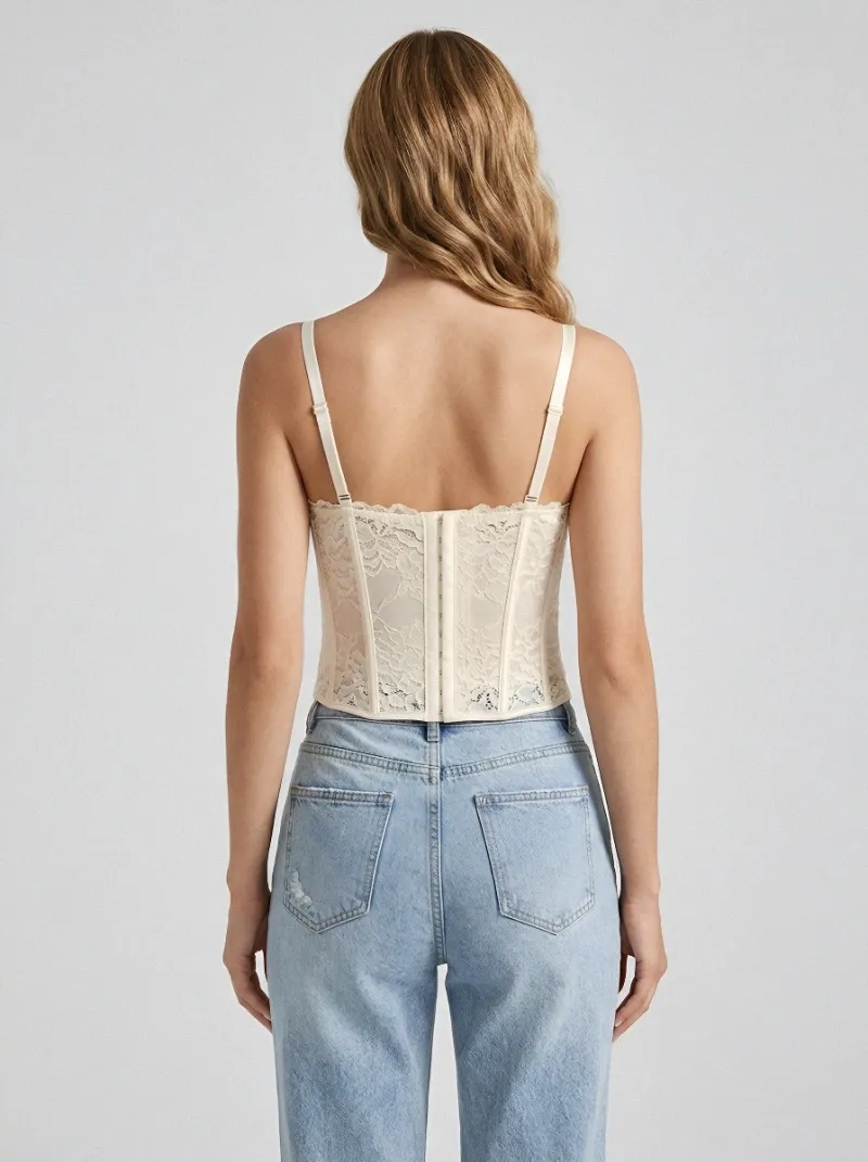 Floral Lace-Trim Hook-Front Vintage-Inspired Women's Corset Top