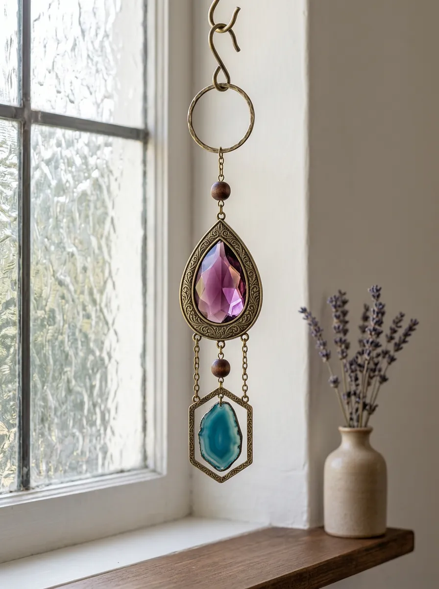Boho Purple Crystal Blue Agate and Brass Suncatcher