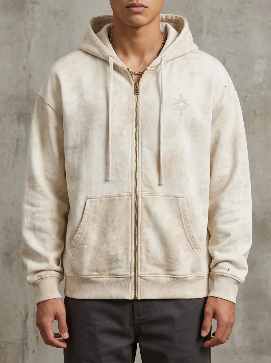 Men's North Star Graphic Acid Wash Embroidered Zip Up Hoodie
