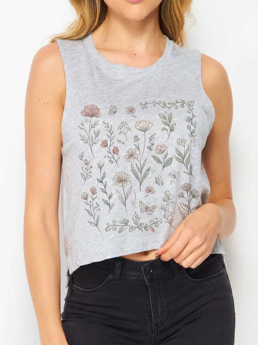 Women's Botanical Nature Lover Floral Butterfly Printed Tank Top