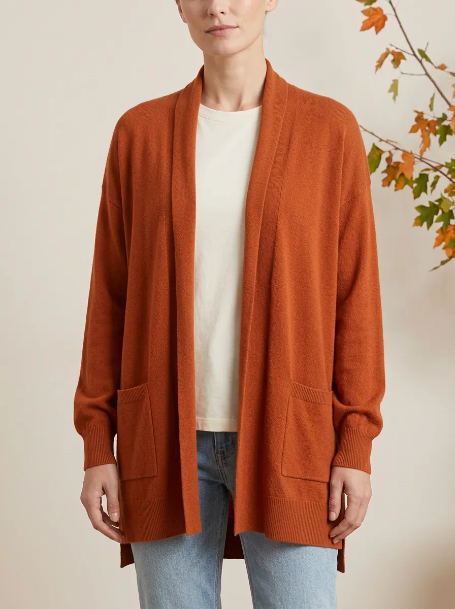 Maple-Leaf Open-Front Leaf-Motif Knit Cardigan