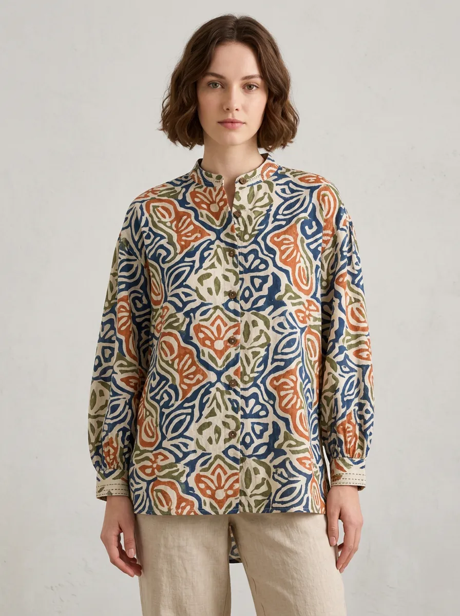 Women's Boho Floral Abstract Pattern Printed Mandarin Collar Shirt