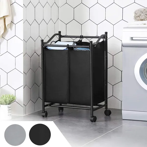 Foldable Two-Compartment Aluminum Fabric Laundry Basket