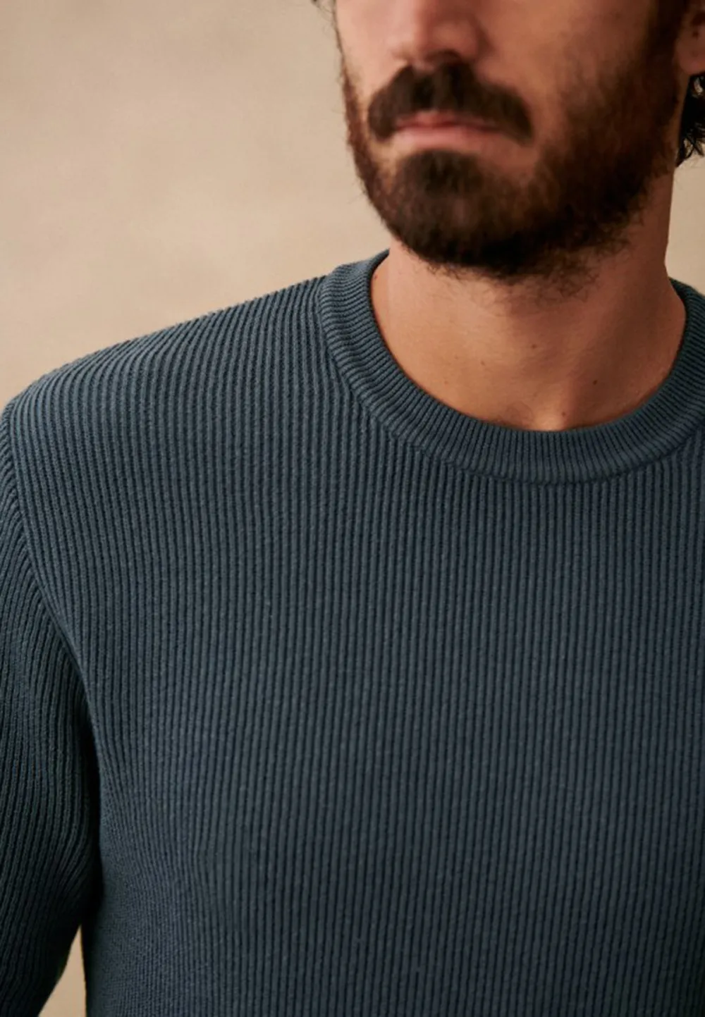 Steel Blue Ribbed Knit Crew Neck Sweater