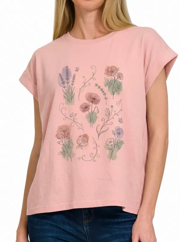 Women's Botanical Floral Lavender Poppy Printed T-shirt