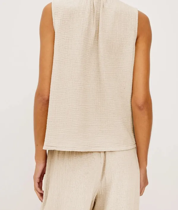 Sleeveless V Neck Textured Linen Blend Casual Top