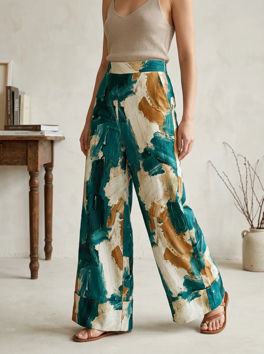 Women's Abstract Oil Painting Art Print Wide Leg Pants