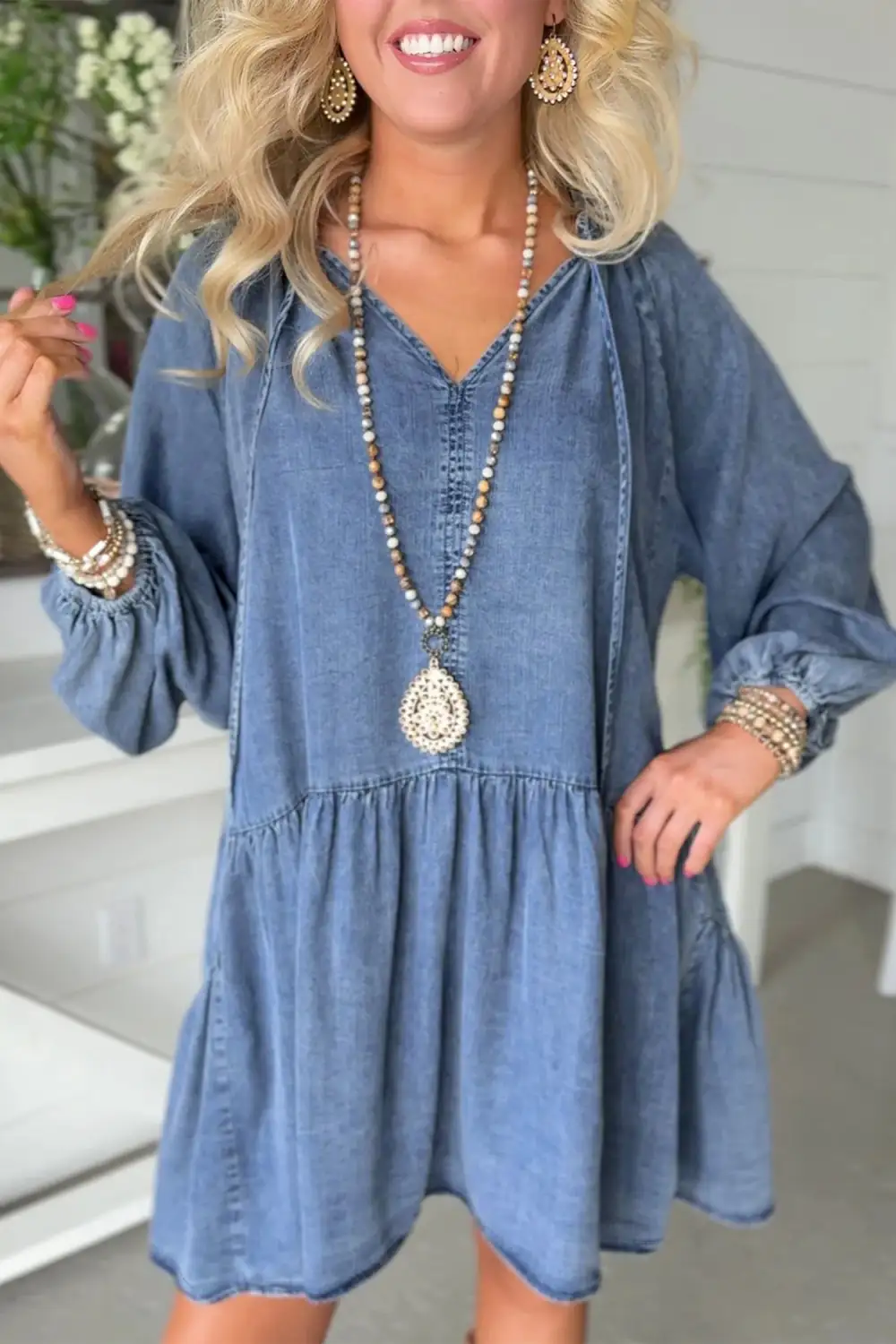 Denim Look Ruffle Trim V-Neck Mini Dress