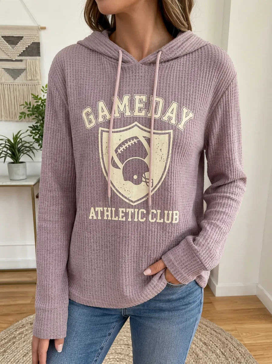 Women's Gameday Football Shield Printed Waffle Knit Hoodie