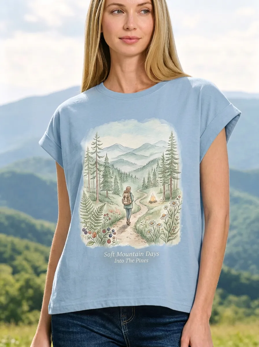 Women's Hiking Nature Lover Mountain Forest Campfire Printed T-shirt