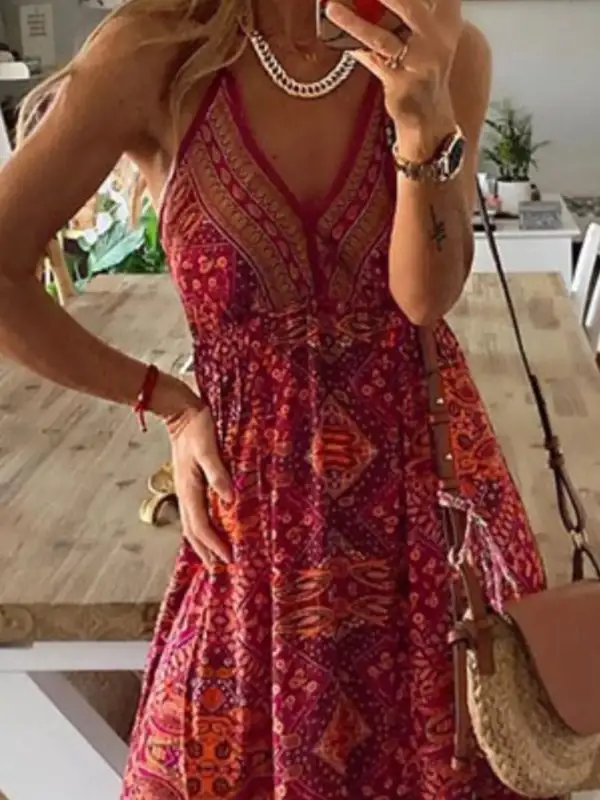 Tiered V-Neck Printed Maxi Dress