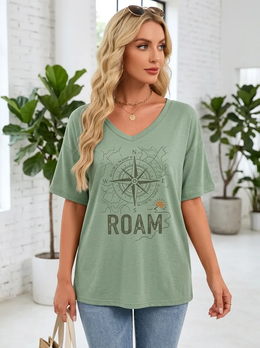 Women's Travel Lover Compass Roam Printed V-neck T-shirt