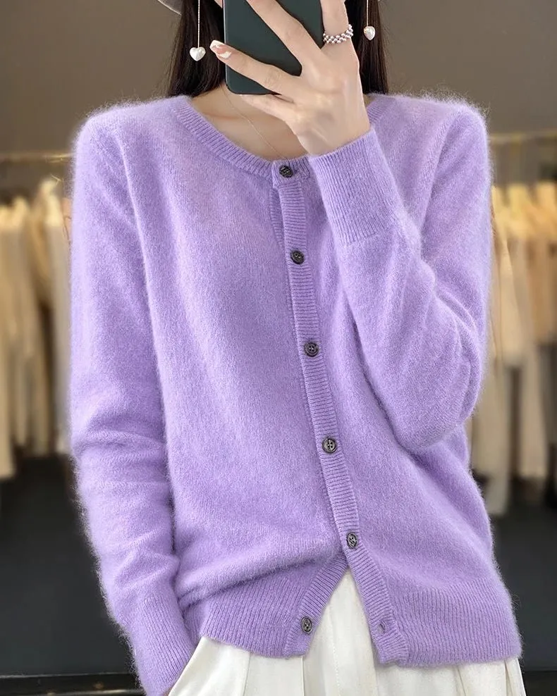 Classic Mink-Cashmere Cashmere Button-Front Crew-Neck Cardigan