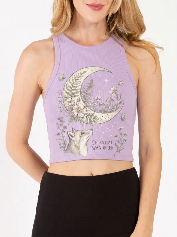 Women's Celestial Fox Moon Mushroom Printed Crop Top
