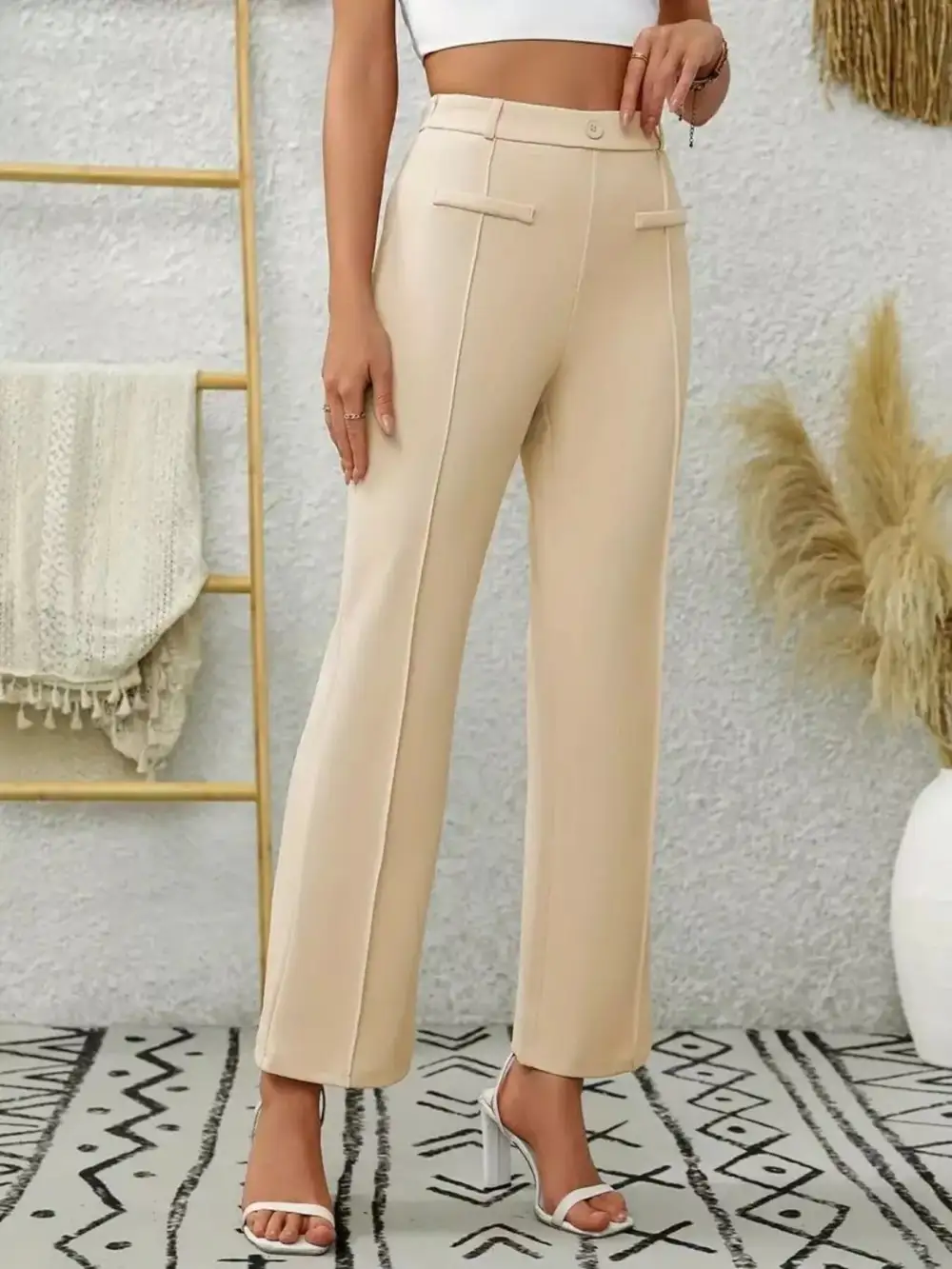 High Waist Flared Pocketed Seam Detail Casual Pants