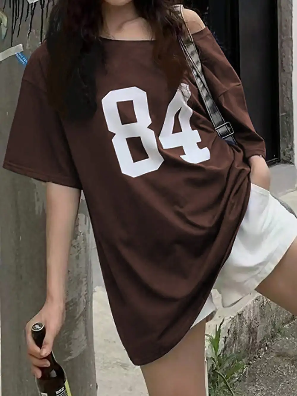 Women Brown Number 84 Off Shoulder Relaxed Fit T-Shirt