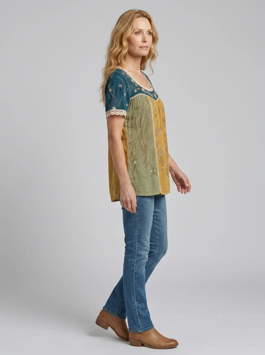 Women's Boho Floral Star Embroidered Printed Short Sleeve T-shirt