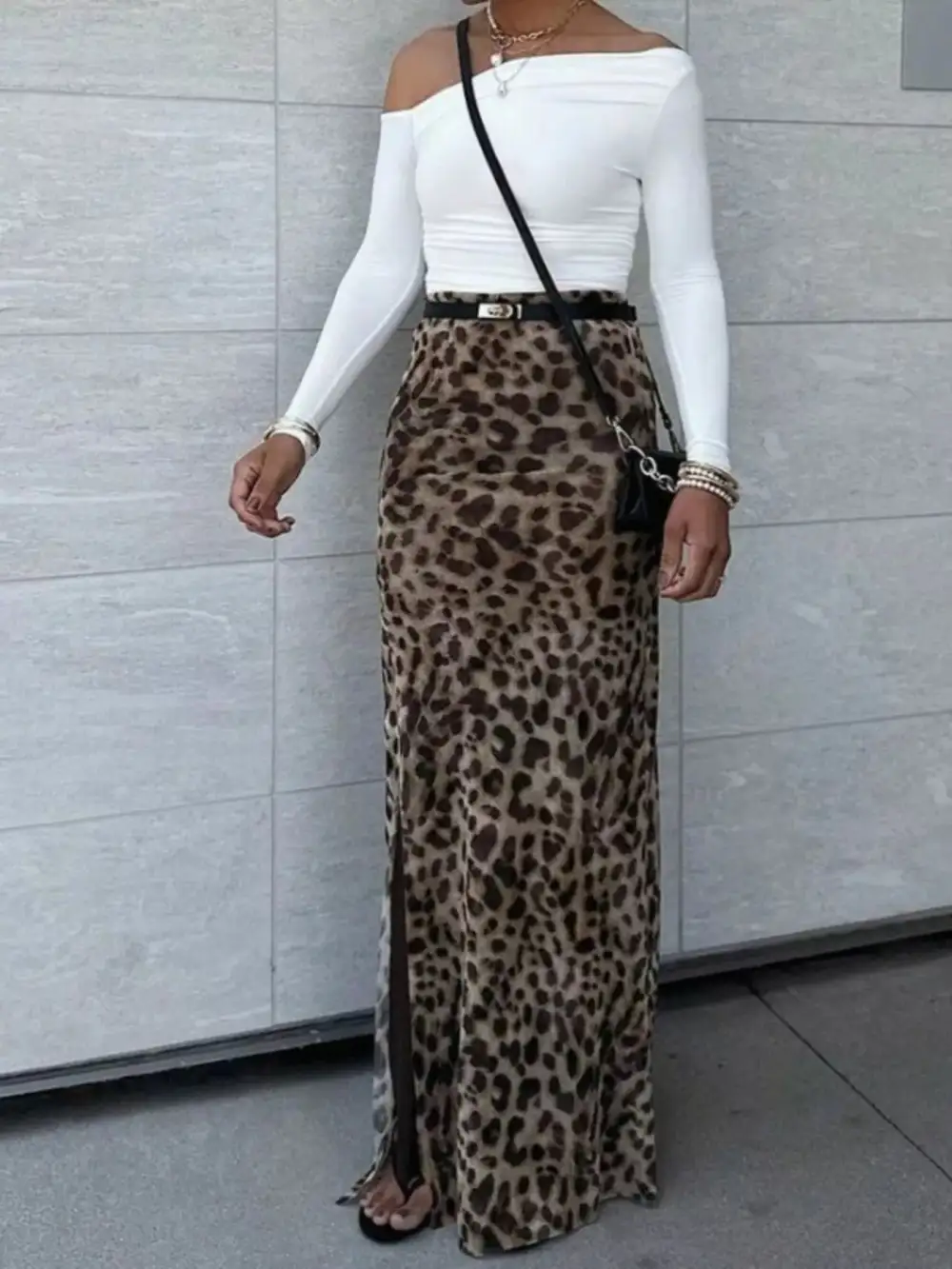 Sequin Leopard Print High Rise Maxi Skirt