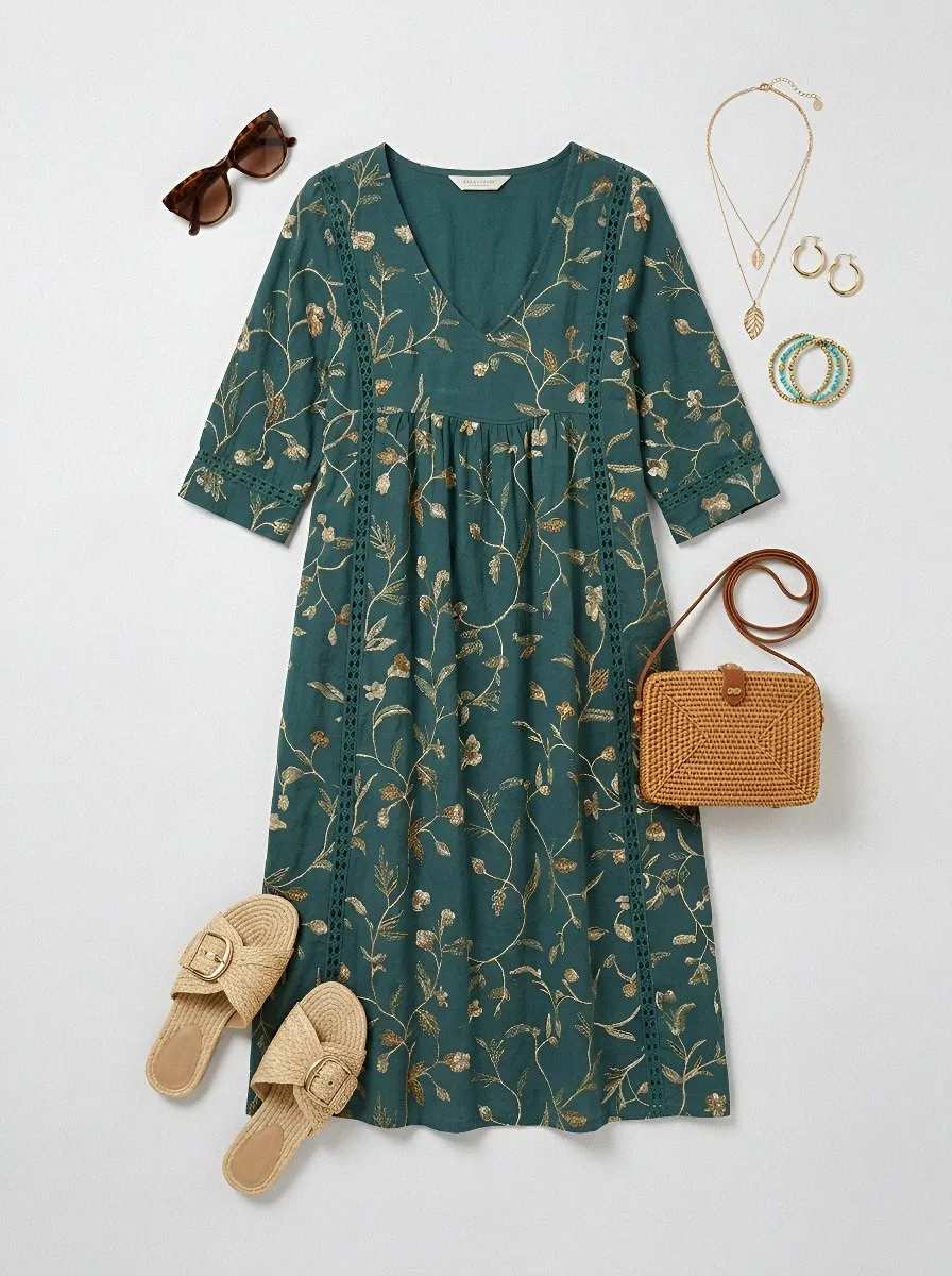 Women's Summer Vacation Floral Vine Printed Midi Dress