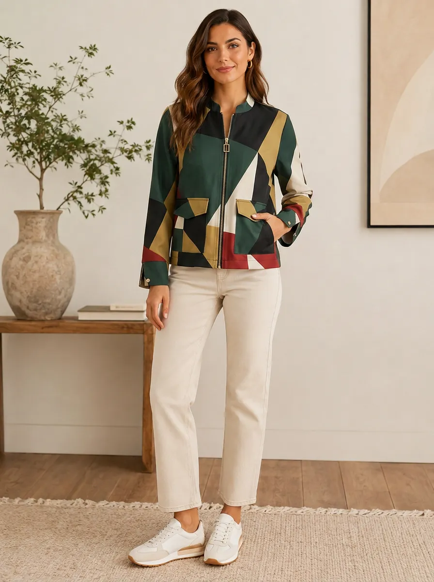 Women's Geometric Colorblock Stand Collar Button Cuffs Zip Jacket