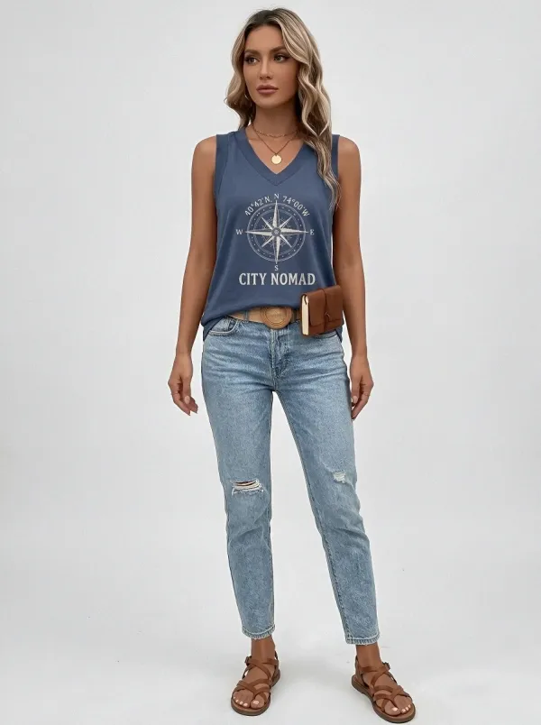 Women's Travel Adventure City Nomad Compass Printed Tank Top