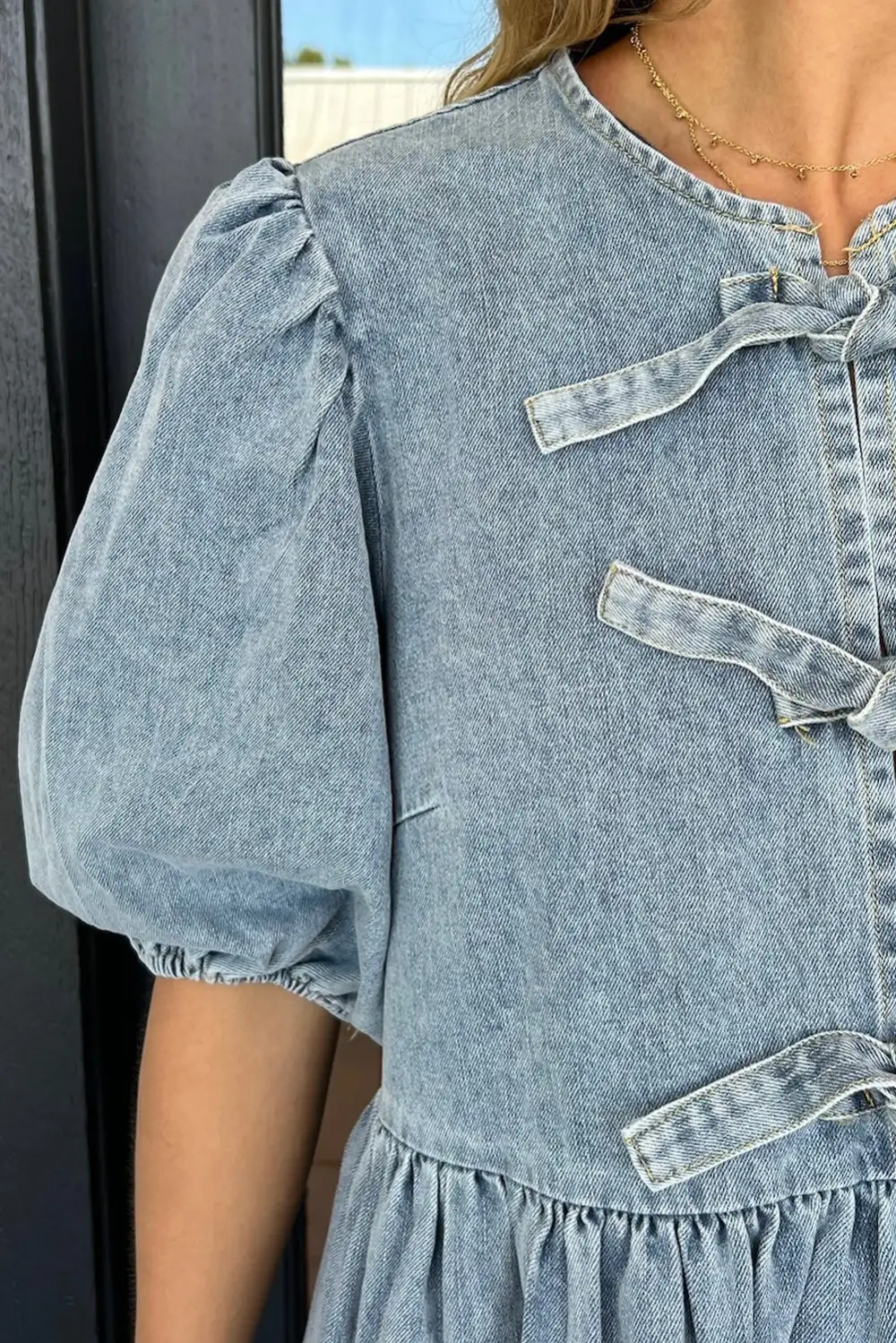 Denim Look Tie Detail Mini Dress