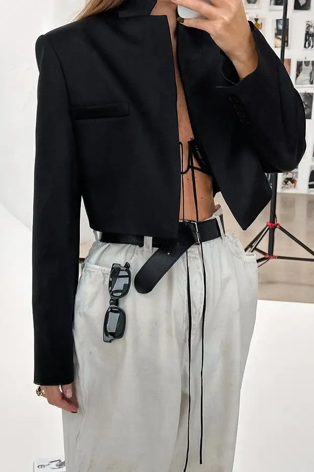 High-Waist Stand-Collar Structured Blazer