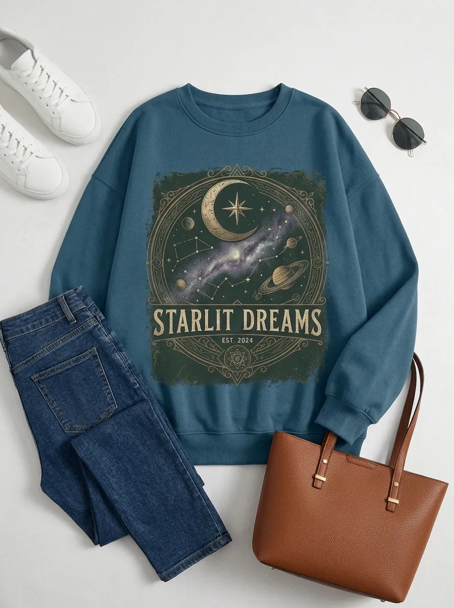 Women's Celestial Starlit Dreams Moon Planet Printed T-shirt