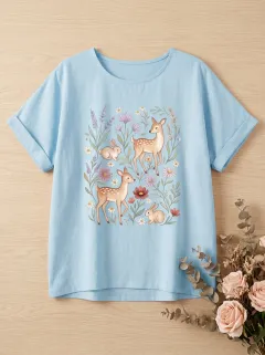 Rabbit Deer Nature Women's Loose Printed T-Shirt