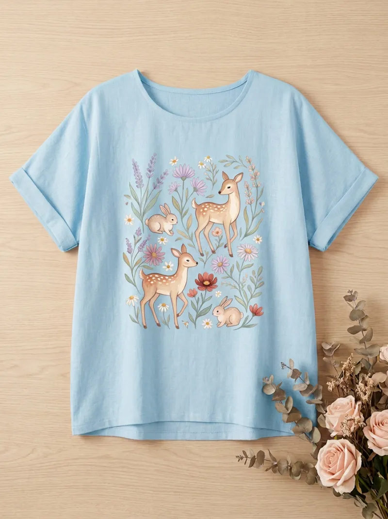 Rabbit Deer Nature Women's Loose Printed T-Shirt