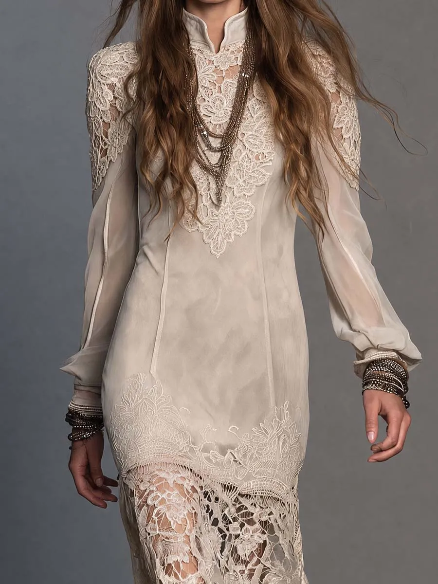 Boho Cream Lace Applique High Neck Sheer Long Sleeve Midi Dress