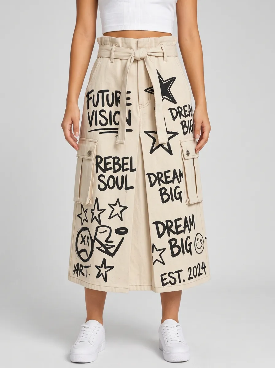 Women's Streetwear Graffiti Star Slogan Printed Cargo Skirt