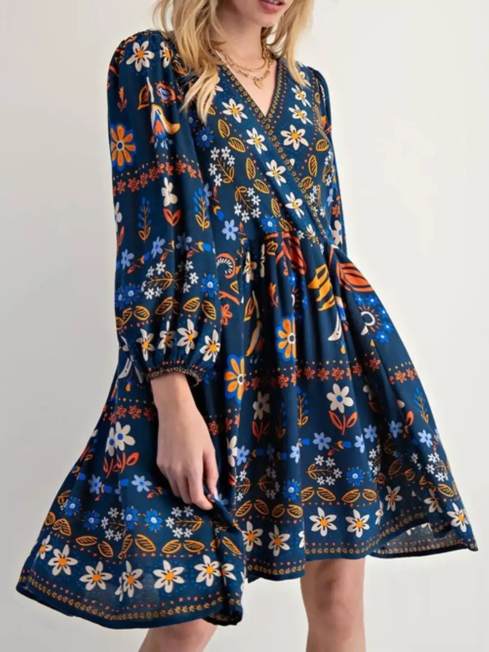 Structured Shape Floral Printed Long Sleeve Mini Dress