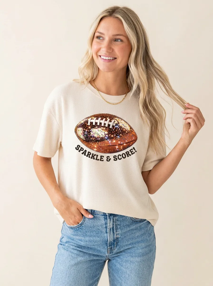 Women's Spirit Inspired Football Ball Sparkle Crew Neck Graphic T-Shirt